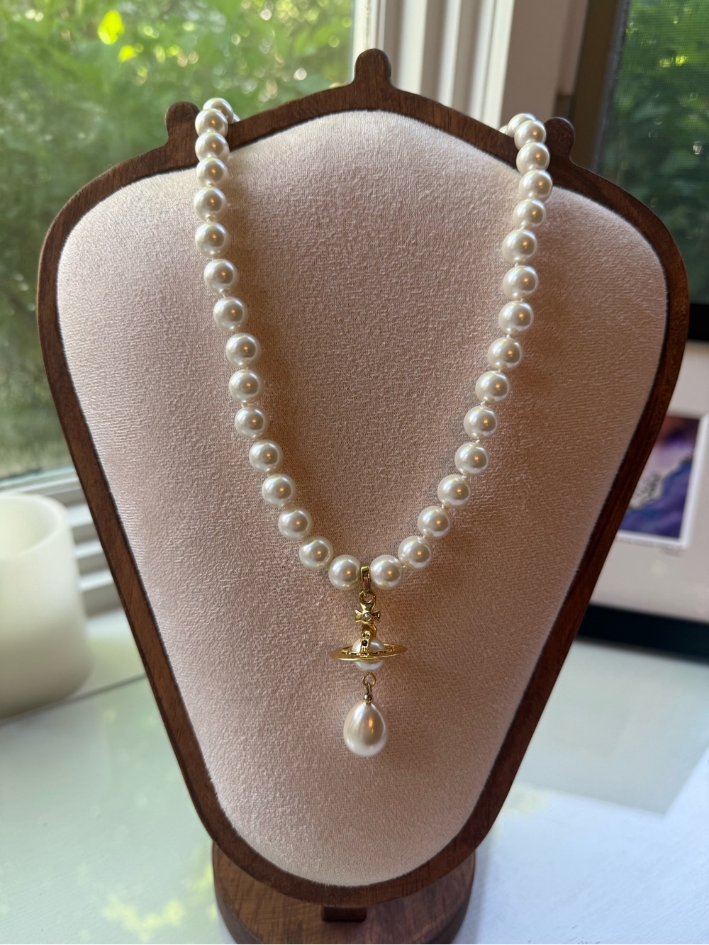 Vivienne Westwood White Pearl Necklace with Gold Orb Pendant
